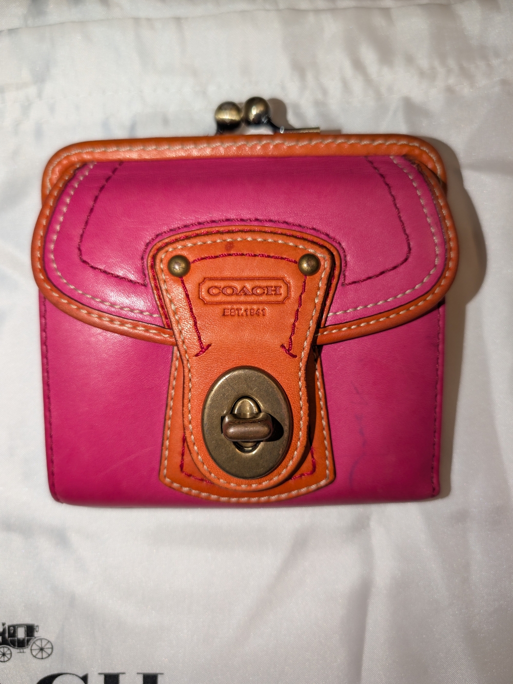 Vintage Coach Legacy Turnlock Kisslock Wallet Pink Orange Leather Legacy Stripe